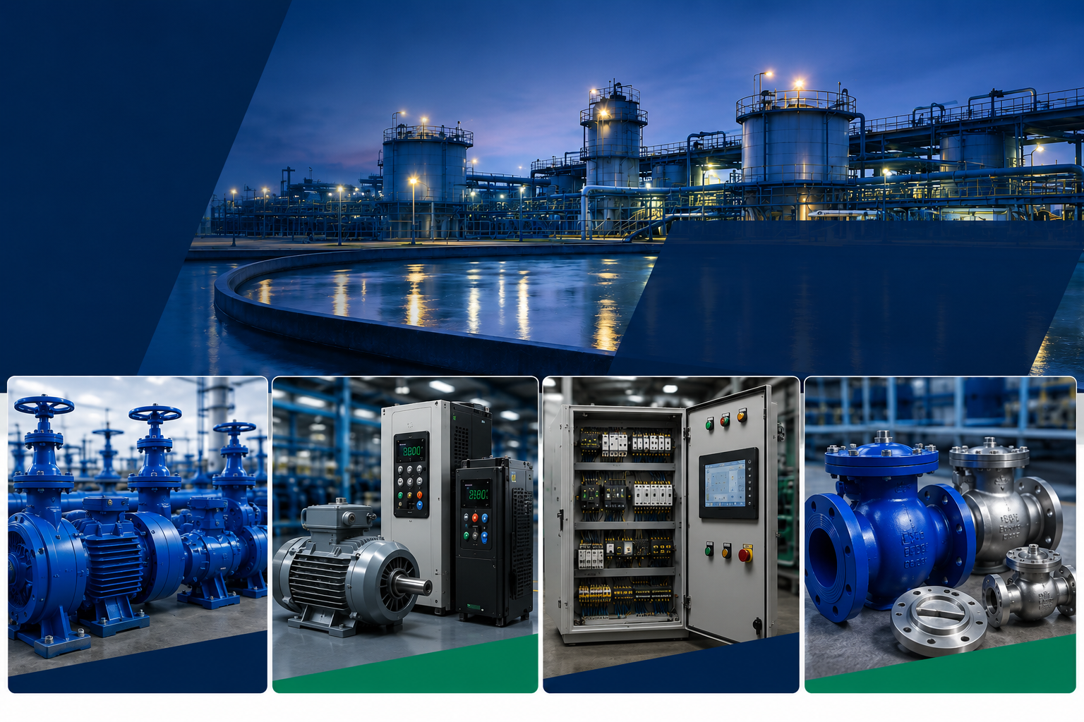 ETIL industrial supply — petrochemical plant with pumps, valves, motors, drives, and control panels